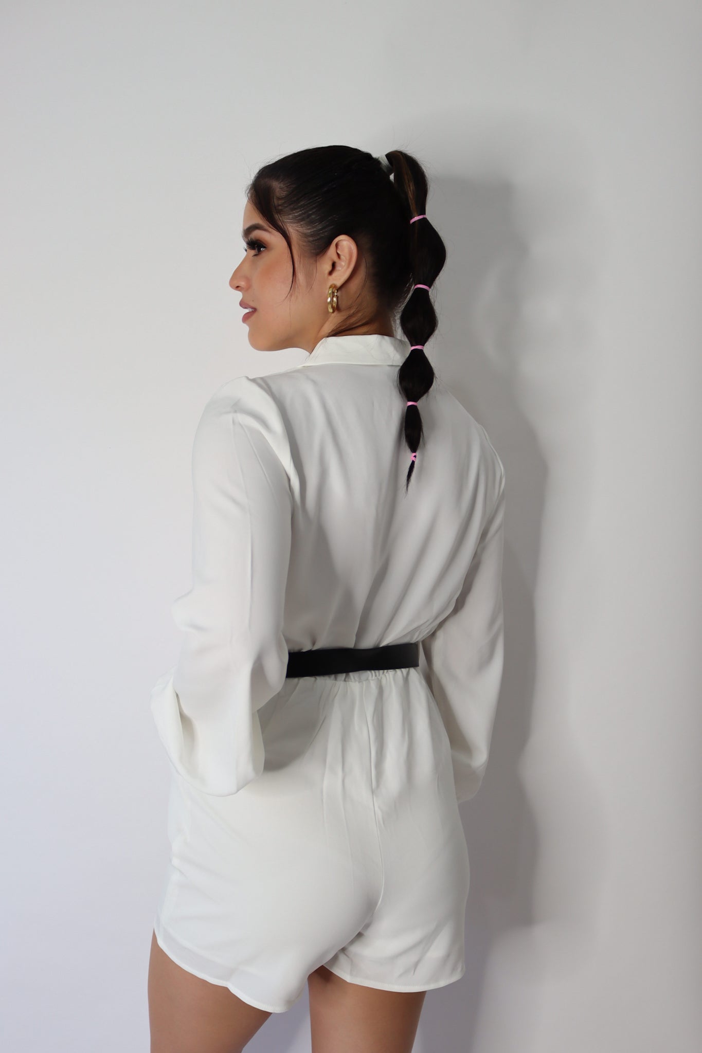 LONG SLEEVE SURPLICE POCKETS BELTED ROMPER