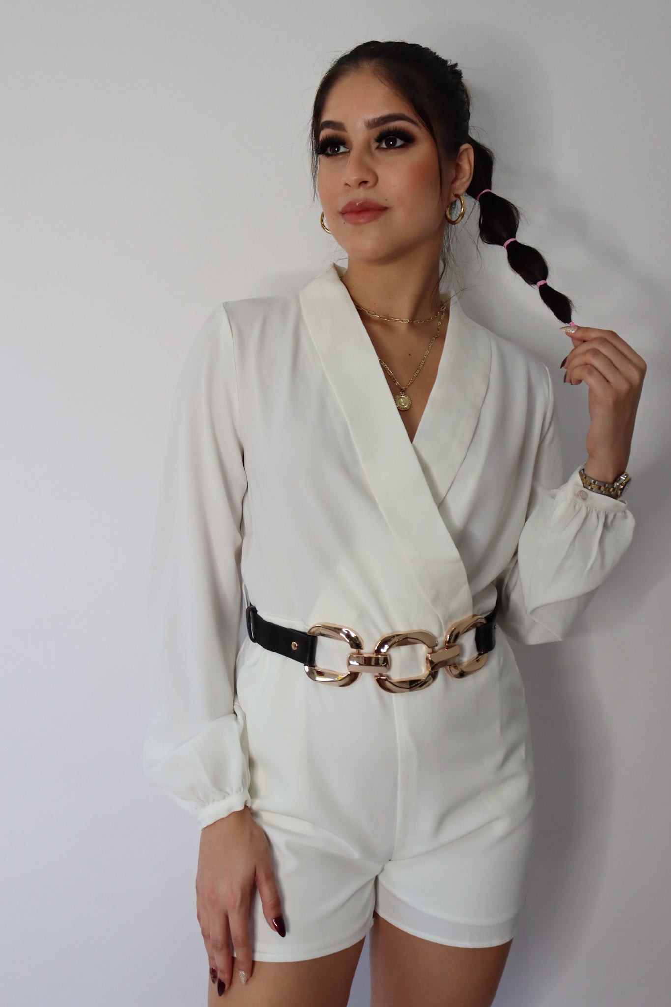 LONG SLEEVE SURPLICE POCKETS BELTED ROMPER