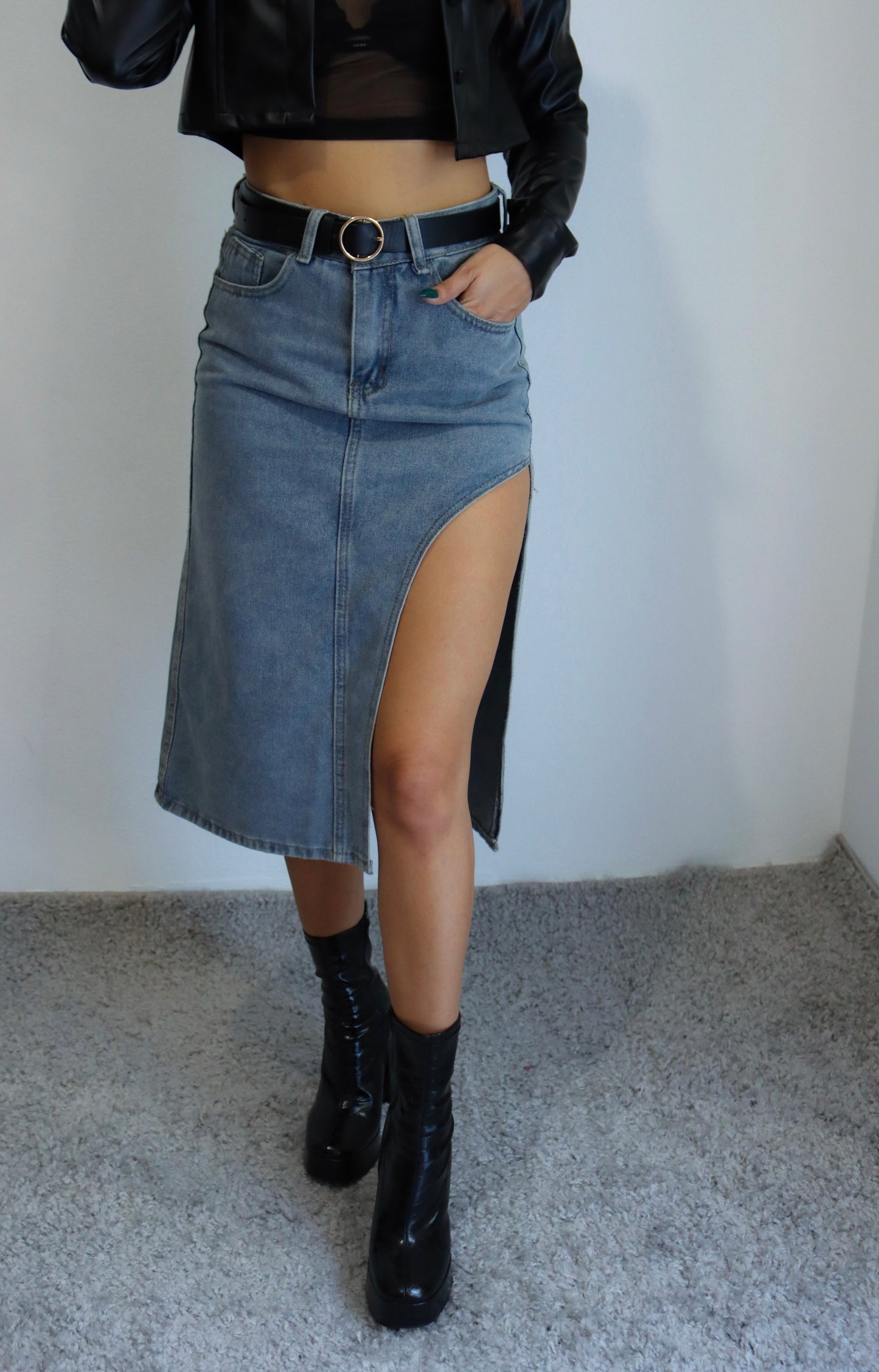“Isabella” Denim Slit Midi Skirt 