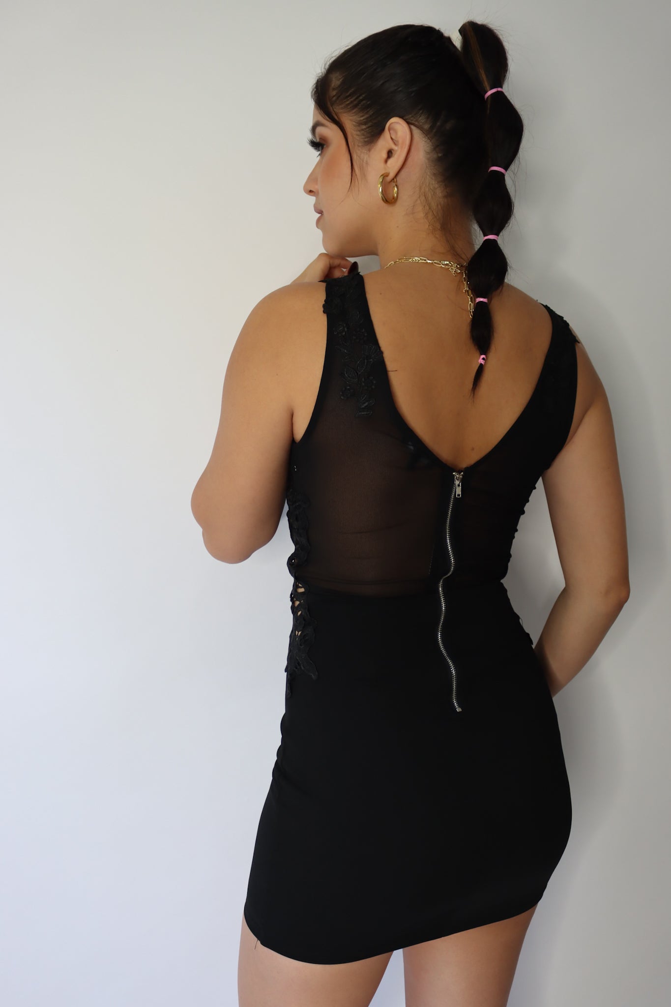 SIDE FLORAL LACE WITH MESH BACK BODY CON DRESS